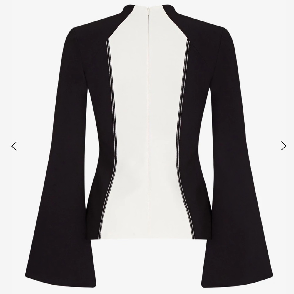 Black and White Contrast V-Neck Blouse with Bell Sleeves - Picture 4 of 10